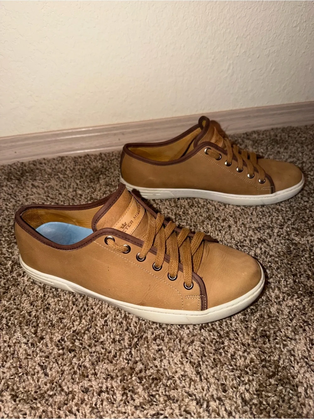 Peter Millar Men’s Tan Leather Low-Top Sneakers with White Sole